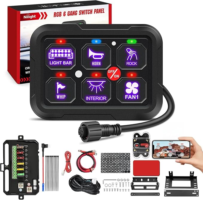 Nilight 6 Gang Switch Panel 12V 24V Universal Circuit Control Relay System with RGB Backlight APP Control Fuse Wiring Harness Automatic Dimmable ON Off LED Switch Pod for Car Pickup Truck Camper SUV