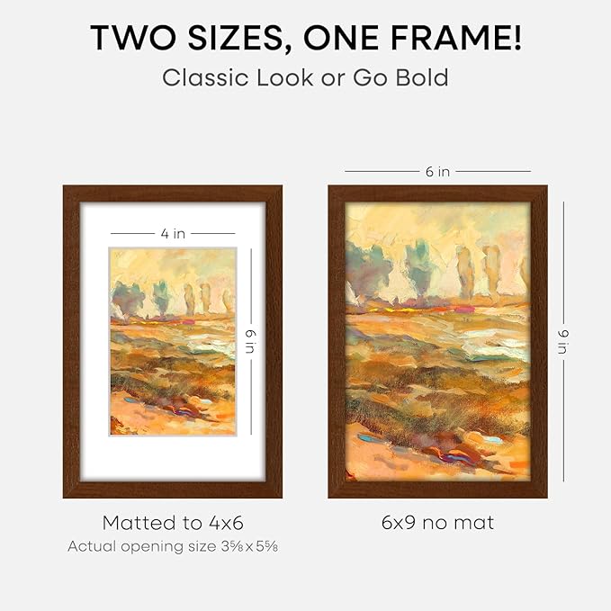 Homeforia 6x9 Picture Frame Brown Wood, High End Dark Oak 6x9 Walnut Wooden Frames with Mat 4x6 Photo, 6 x 9 Frame Matted to 4 x 6 Print, 9x6 Wall or Tabletop Frame, Tempered Glass, Wall Kit, Set of 1