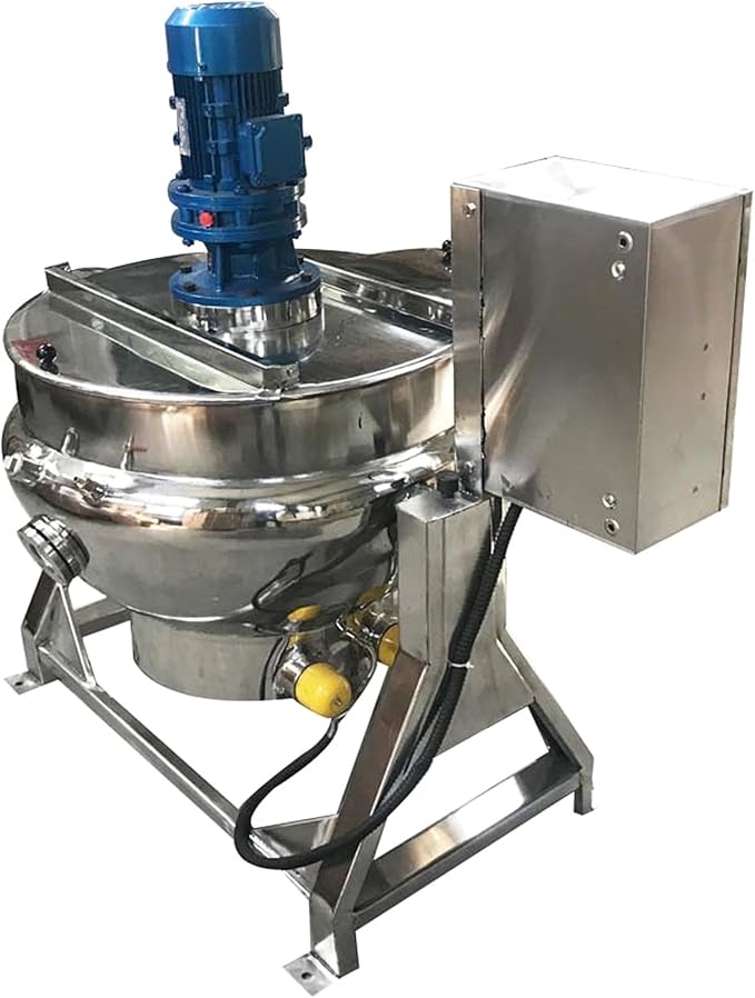 26Gal Commercial Jacketed Kettle with Stirrer Stainless Steel Tilting Stirring Jacketed Kettle for Food Processing Electric Heating 220V 60HZ 3-Phase 1.1KW