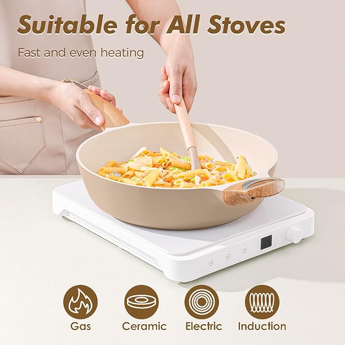 SENSARTE Ceramic Nonstick Frying Pan Skillet with Lid, 12 Inch Large Deep Frying Pan, 5 QT Saute Pan, Induction Pan, Healthy Non Toxic Cooking Pan with Helper Handle, PFOA PFAS PTFE Free
