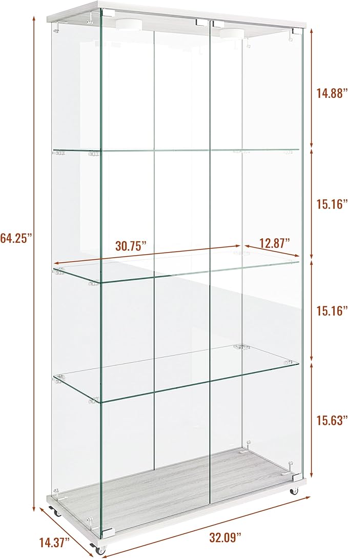 Yoluckea 4-Shelf Glass Display Cabinet with LED Lights, 2-Door Floor Standing Curio Cabinet with Universal Wheel for Home or Office, White Glass Bookshelf for Collections, Decor, and Corner Display