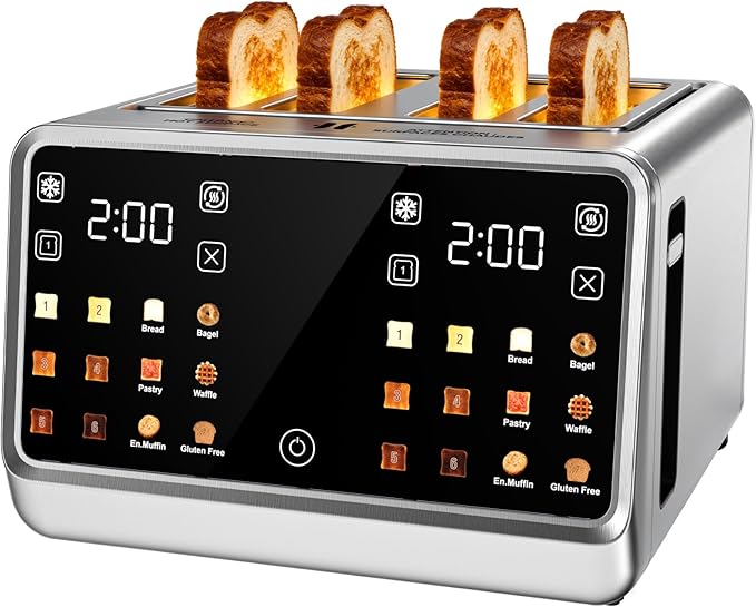 4 Slice Toaster Wide Slot– Dual Digital TouchScreen & Independent Control Panel | Single-Slice Modes/Reheat/Defrost | 1800W Stainless Steel Toaster for Bagels & Artisan Bread