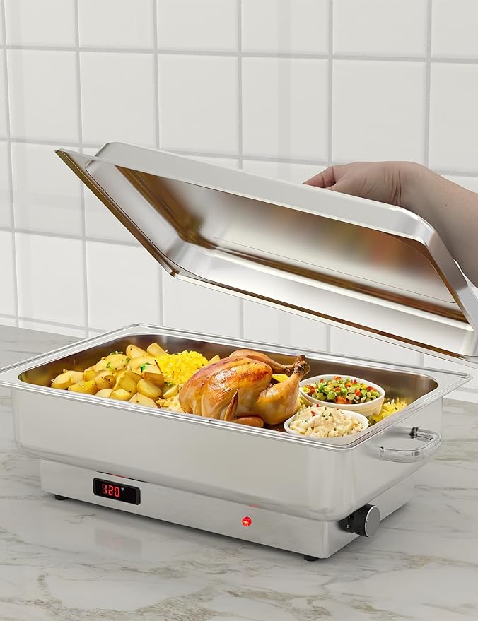 Electric Chafing Dish Buffet Set, 9 QT Buffet Servers and Warmers Stainless Steel, Commercial Food Warmer with 1 Full-Size Pan & 2 Half-Size Pan, Temperature Control Display for Parties, Catering
