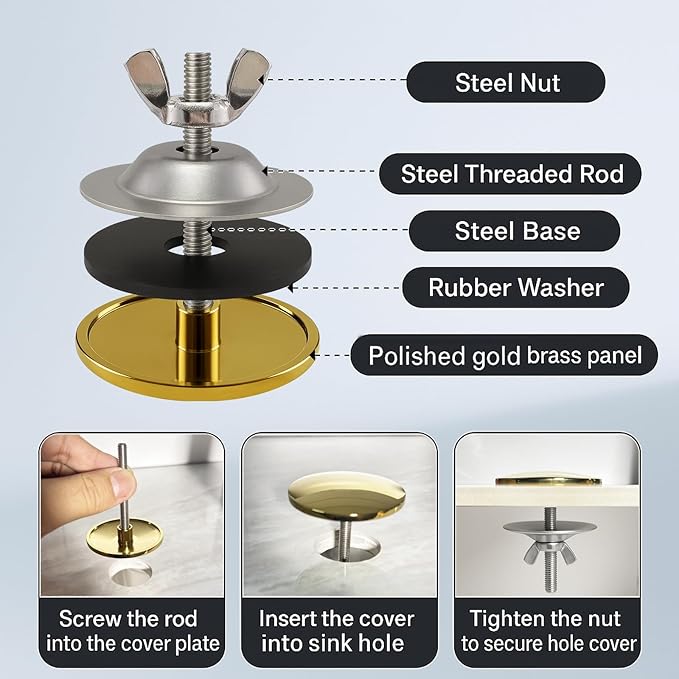 2 Pcs Solid Brass Kitchen Sink Hole Cover, 2 Inch Faucet Hole Cover, Polished Gold Finish Tap Hole Plate Stopper Cover, Countertop Hole Cover for Kitchen and Bathroom Sinks (Polished Gold)