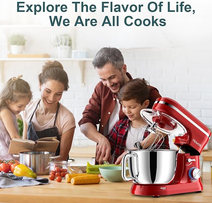 HOWORK Electric Stand Mixer,10+p Speeds Kitchen Mixer With 6.5QT Stainless Steel Bowl,Dough Hook, Wire Whip & Beater,for Most Home Cooks (Red)