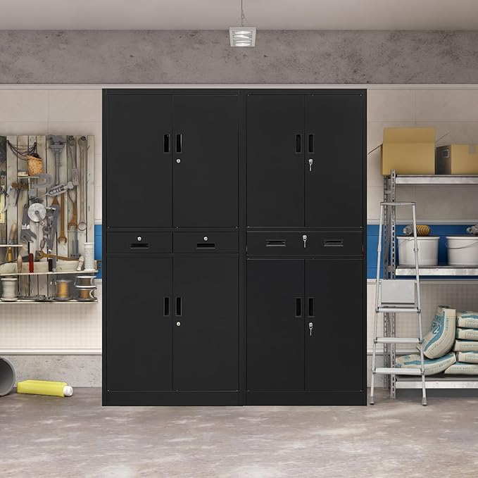 CJF Metal Storage Cabinet, 71" H Locking Storage Cabinet with Drawer and Adjustable Shelves, Steel Cabinets for Garage, Home Office, Kitchen (Black)
