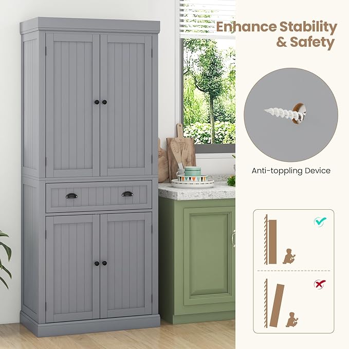 DORTALA 72” Tall Kitchen Pantry Cabinet, Wood Storage Cupboard w/ 4 Adjustable Shelves, 2 Cabinets & Drawer, Utility Freestanding Storage Cabinet for Kitchen, Hallway, Living Room, Grey