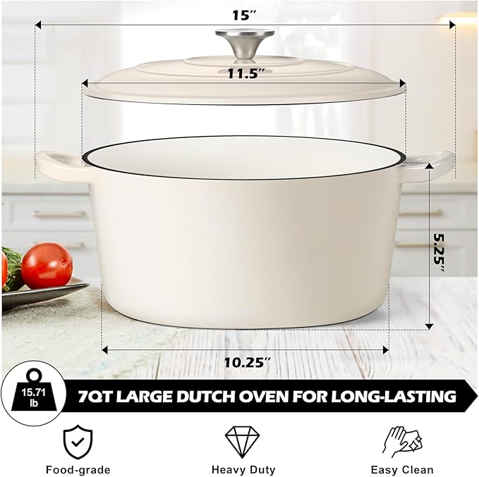 TeamFar Enameled Cast Iron Dutch Oven, 7qt Dutch Oven Pot Nonstick Cookware with Lid & Dual Handles for Bread Baking, Cooking, Oven Safe up to 500℉ & Various Stovetops, Healthy & Heavy Duty - White