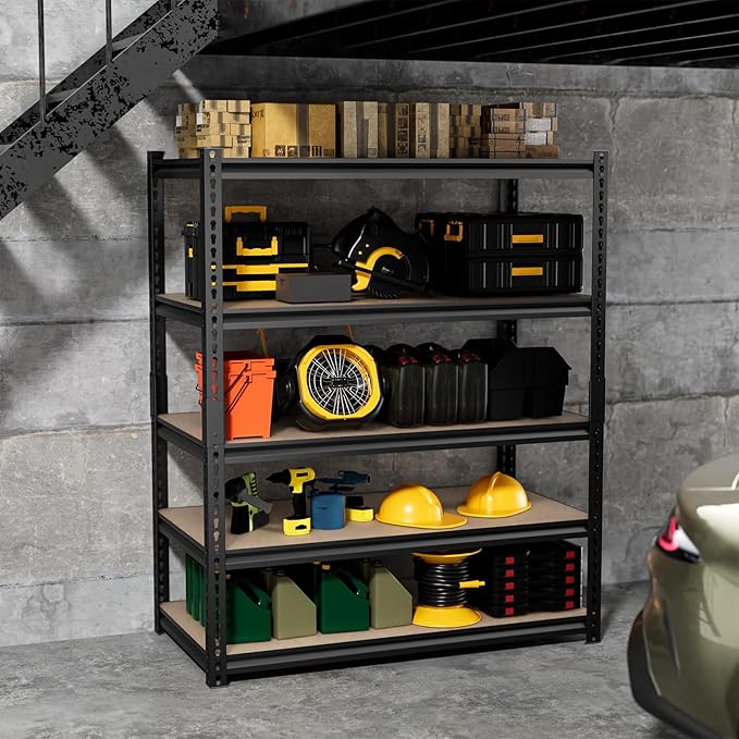 5-Tier Heavy-Duty Shelving 2500LBS Capacity Per Unit Adjustable Metal Garage Storage Rack 40”W X 19.7”D X 71”H Metal Shelving Storage Rack Includes Matte Polypropylene Spacers (Black) 2 Pack