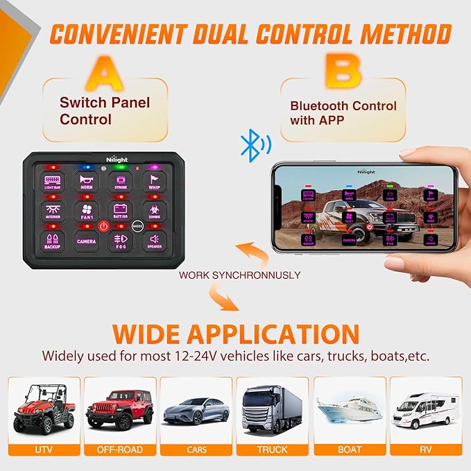 Nilight 12 Gang Switch Panel Circuit Control Relay System APP RGB Backlight Fuse Wiring Harness Toggle Momentary Strobe Flash Modes Automatic Dimmable 12V 24V for Car Truck Camper SUV