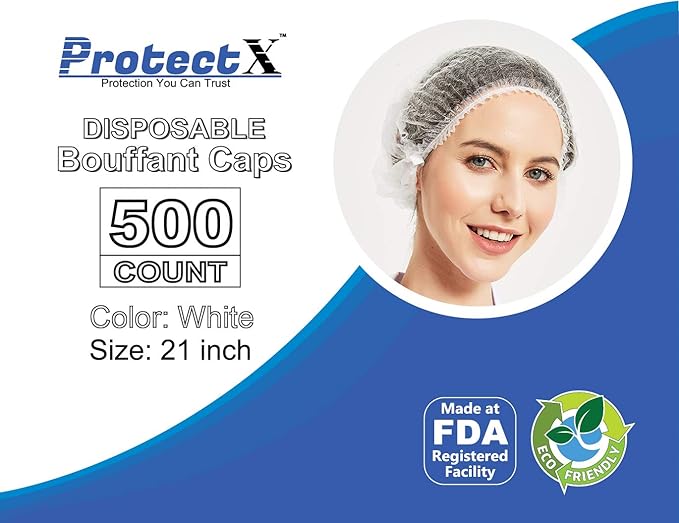 ProtectX 500-Pack White Disposable Hair Nets, Elastic Head Cover, Bouffant Caps, Sanitation Head Cover for Food Service, Spa Men & Women - 21 inch