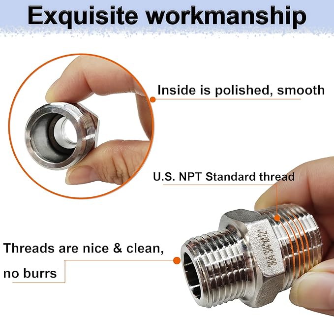 ZOUNI 2pcs Reducing Hex Nipple, 304 Stainless Steel 1" NPT Male x 3/4" NPT Male Pipe Fitting Reducer Nipple Adapter 2000psi Reducer Straight Connector (2pcs, 1"-3/4")