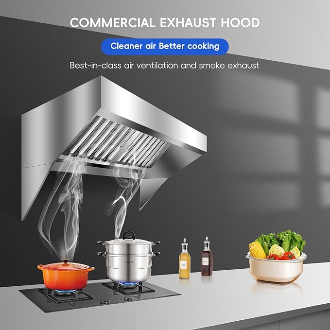 6FT Commercial Kitchen Exhaust Hood, Wall Mount Stainless Steel Vent Hood with Detachable u-Shaped Grease Filters, Rust-Resistant Restaurant Range Hood for Food Truck Cooking Sttion Concession Traile