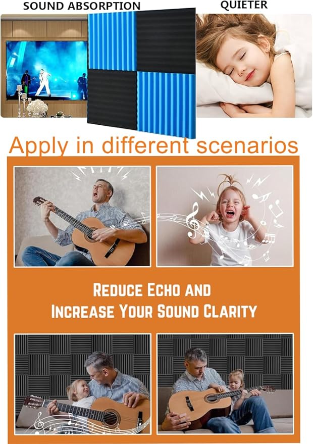 Sound Proof Foam Panels for Wall 48 Pack Acoustic Panels Sound Absorbing 1" X 12" X 12" Fire-Proofed Soundproofing Foam High Density Sound Dampening Panels for Room Studio Blue Black