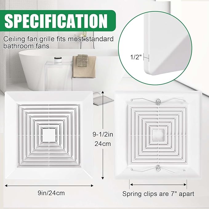 ( 4Piece 9" x 9"Inch Bathroom Exhaust Fan Cover with Spring, Square Ceiling or Wall Mounted Exhaust Fan, Ceiling Fan, Grille, Air Diffuser, Diverter Ventilation Hood, Replacement Accessories