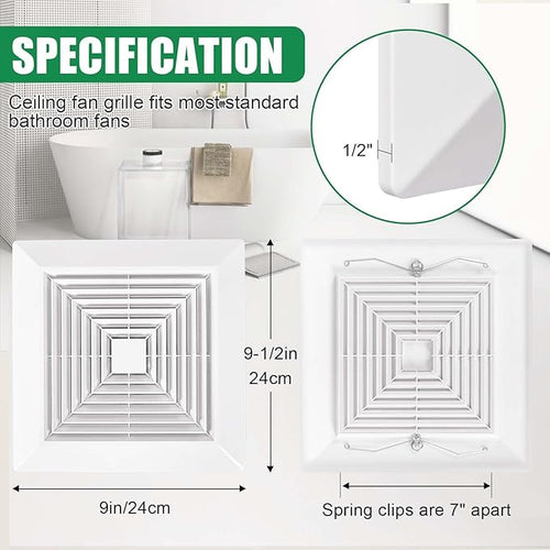 ( 4Piece 9" x 9"Inch Bathroom Exhaust Fan Cover with Spring, Square Ceiling or Wall Mounted Exhaust Fan, Ceiling Fan, Grille, Air Diffuser, Diverter Ventilation Hood, Replacement Accessories