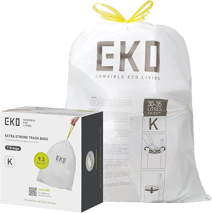 EKO 9.3 Gallon / 30–35 Liter Drawstring Trash Bags, 110 Count Heavy-Duty Tall Kitchen Garbage Can Liners, Extra-Strong Leak-Resistant, Unscented, White, Code K