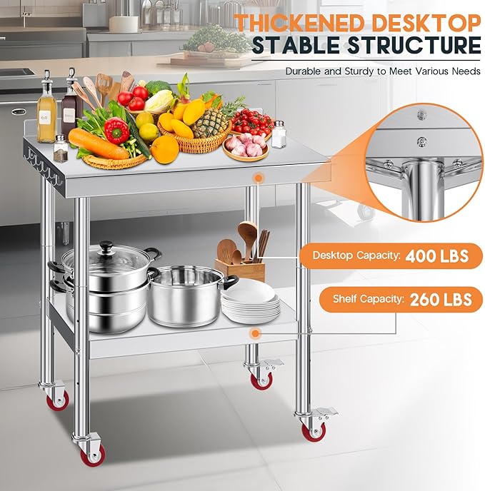 Jocisland 24" x 36" Stainless Steel Table for Prep & Work with Backsplash and Wheels, Adjustable Under Shelf & Safe Design for Restaurant, Home, Outdoor