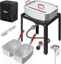 18QT Outdoor Propane Deep Fryer | Include 2 Baskets | Lid | 9" Fryer Tong | 6" Thermometer | Fish Fryer Pot with 50,000 BTU Propane Burner | Ideal for Fish, Chicken Wings & French Fries
