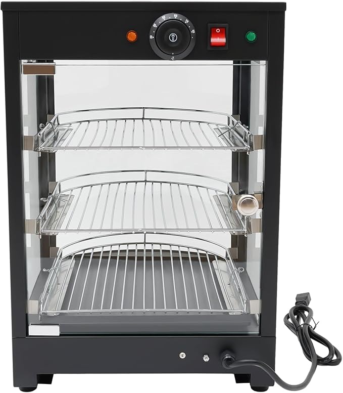 Commercial Food Warmer Display, 3-Tier Electric Countertop Food Warmer with Led Light Removable Shelves 5mm Tempered Glass Door, Temp Adjustable Pizza Pretazel Warmer for Restaurant Cafe, 110V 800W