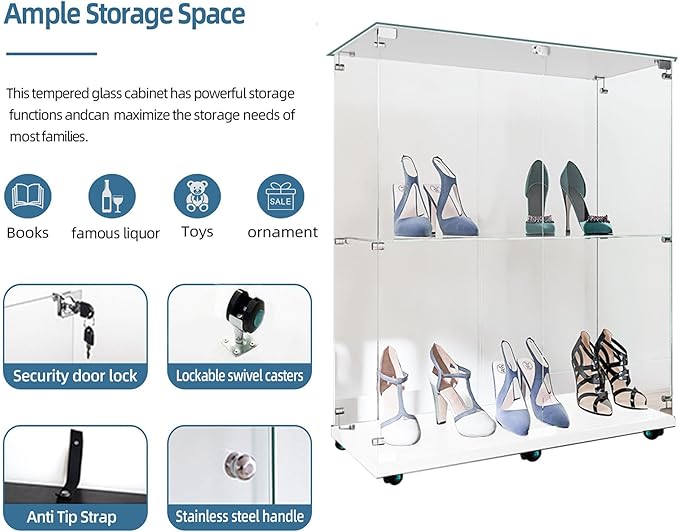 Yoluckea 2 Tiers Glass Display Cabinet with Bluetooth LED Light Strip, 2 Doors Floor Standing Curio Cabinet with Universal Wheel for Home, White Glass Bookshelf for Collections, Clear Top