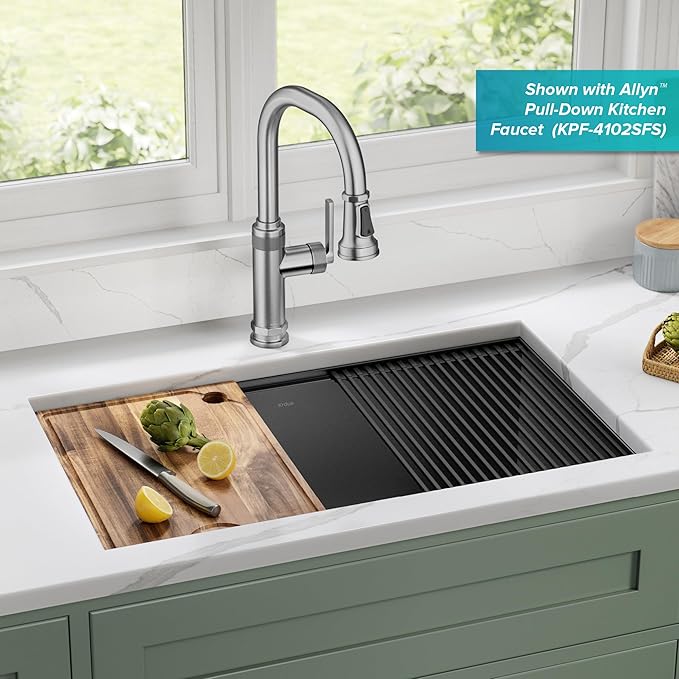 KRAUS Kore Workstation 32-inch Undermount 16 Gauge Black Stainless Steel Single Bowl Kitchen Sink in PVD Gunmetal Finish with Accessories, KWU110-32/PGM