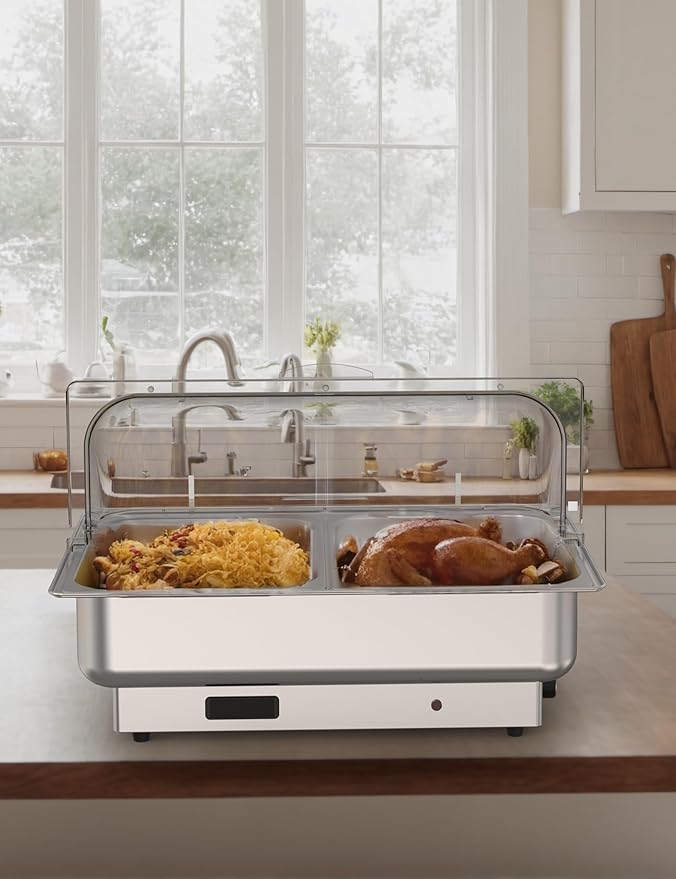 Rectangular Chafing Dish Electric Buffet Set with Temperature Control, 9QT Stainless Steel Food Servers and Warmers with 1 Full-size Pan & 2 Half-size Pan for Catering Wedding and Parties