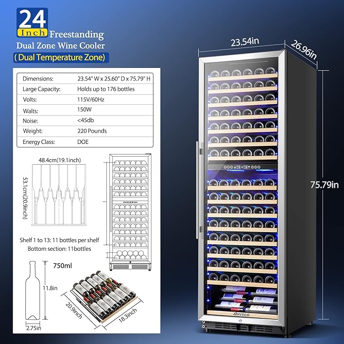 AAOBOSI Wine Cooler Dual Zone 24 Inch, 176 Bottles Wine Refrigerator, Freestanding Wine Fridge with Intelligent Temperature Memory & Humidity Control Compressor Cooling, Quiet Operation