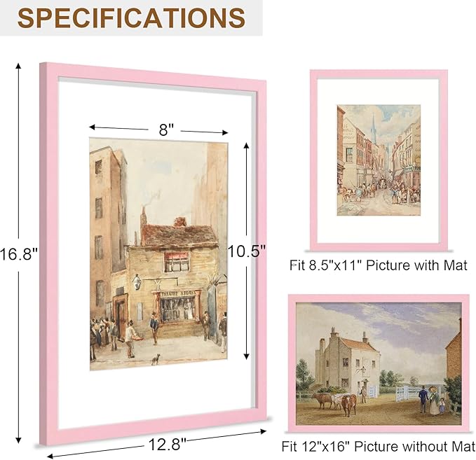 Vittanly 12x16 Picture Frame, Solid Wood Frame with Plexiglass, Includes 8.5x11 Mat, Wall Hanging for Photos, Home Decor, Pale Pink, 1 Pack