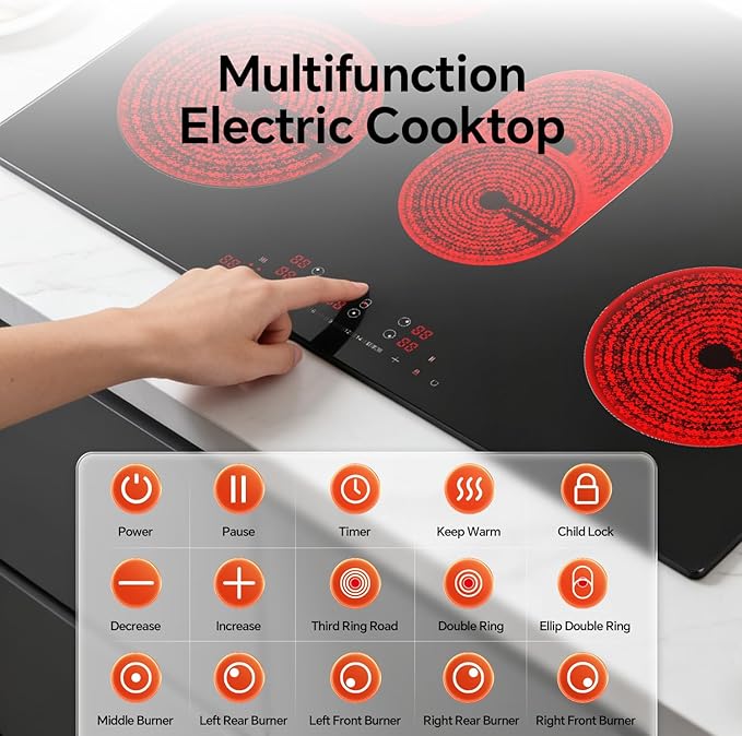 Ranein Electric Cooktop with 5 Burners, 30 inch 8800W 240V Ceramic Panel Electric Cooktop, Multiple Safety Protections Stove, Touch Screen