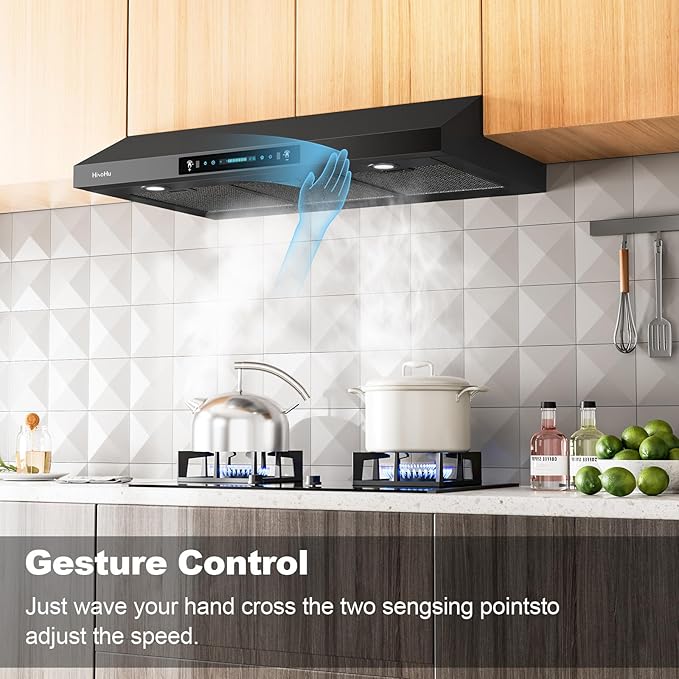 HisoHu 36 Inch Under Ducted Cabinet Range Hood with 1200 CFM, 4 Speed Gesture Sensing Kitchen Exhaust Hood & Touch Control Panel, Stainless Steel Stove Vent Hood with 2 LED Lights（Black）