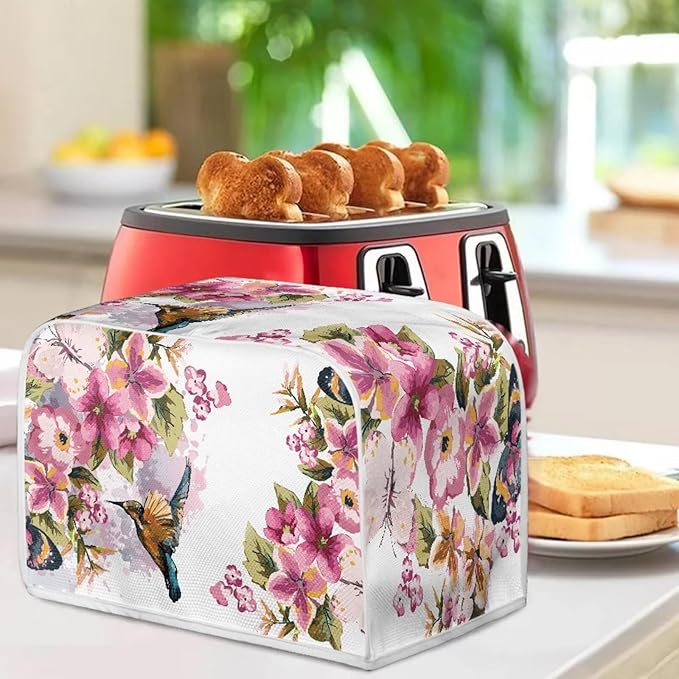 Hummingbird Flower Print Toaster 4 Slice Cover Stain Resistant Bread Maker Cover Dust Fingerprint Protection Kitchen Home Decor