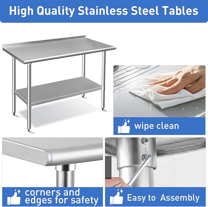 ROCKPOINT Stainless Steel Table for Prep & Work with Backsplash 24x60 Inches, NSF Metal Commercial Kitchen Heavy Duty Table with Adjustable Under Shelf and Table Foot for Restaurant, Home and Hotel