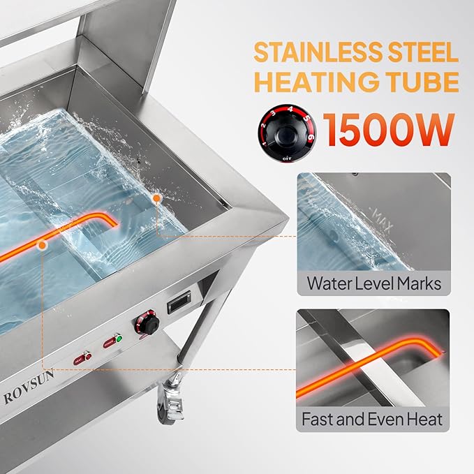 ROVSUN 96QT Steam Table, 12-Pan Electric Commercial Food Warmer Stainless Steel Bain Marie w/Acrylic Shield Overshelf Undershelf Temperature Control & Lid for Party Restaurant 8QT/Pan 1500W 110V
