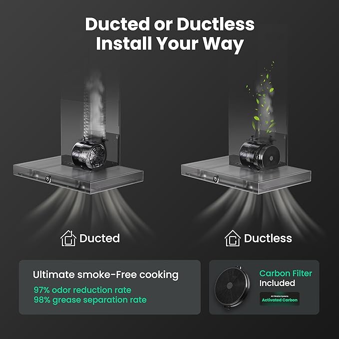 36 Inch Wall Mount Range Hood 1200CFM, Stainless Steel Convertible Ductless/Ducted Stove Vent Hood, Low Noise Kitchen Vent Hoods with Duct Cover, 2 Lights 3 Baffle Filters, Touch & Knob Control