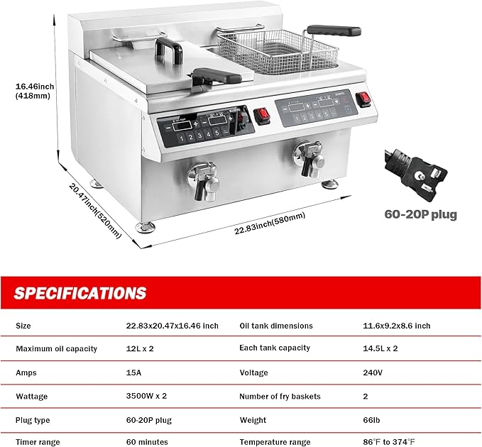 EGGKITPO 240V 7000W Commercial Induction Fryer 12L×2(25.4 QT) Electric Deep Fryer with Solid Baskets, 60 Minutes Timer Oil Drain Stainless Steel Bulid for Large Restaurant or Business Use