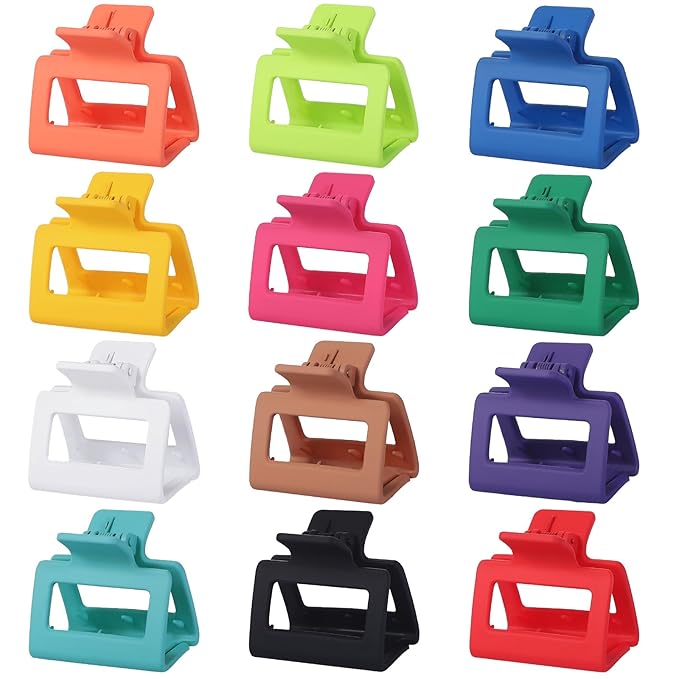 2 Inch Medium Hair Claw Clips 12 Pcs Square Hair Clips for Thin Hair Matte Nonslip Acrylic Banana Jaw Clips Bulk Hair Accessories for women and Girls - Dopamine