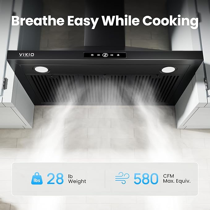 Wall Mount Range Hood 30 inch, 580 CFM Kitchen Vent Hood, Ducted/Ductless Convertible with Touch Control, Stainless Steel Stove Vent Hood, Easy Clean Filter, Black