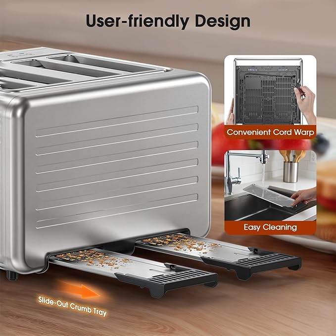 4 Slice Toaster Wide Slot– Dual Digital TouchScreen & Independent Control Panel | Single-Slice Modes/Reheat/Defrost | 1800W Stainless Steel Toaster for Bagels & Artisan Bread