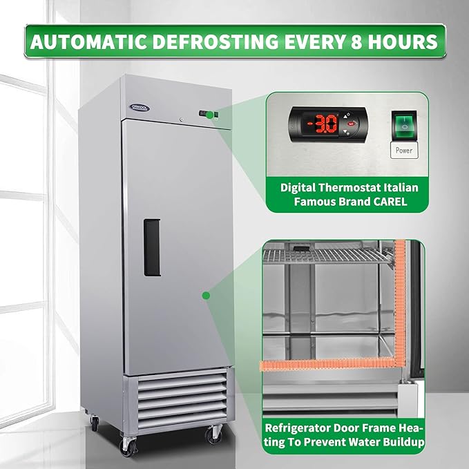 mikibama 27"W Commercial Freezer with Single Solid Door 23 Cu.ft Reach-In Freezers Stainless Steel ETL Approved Upright Freeze Storage for Restaurant, Temperature Control -10℉~10℉, LED Light