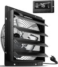 HG Power 14 Inch Attic Fan with Thermostat, Shutter Exhaust Fan with Smart Temperature Humidity Controller, Wall Mounted Greenhouse Fan with EC Motor for Garage, Shed Ventilation, Black