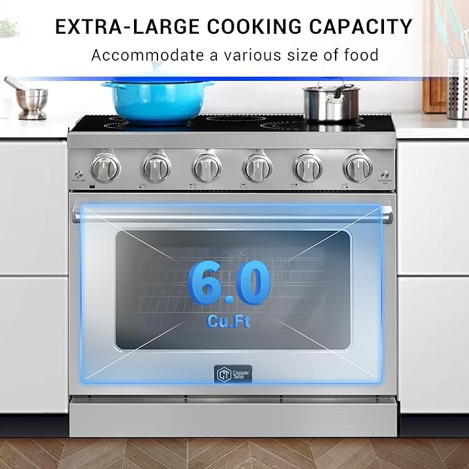 CT Copper Tailor 36 Inch Electric Range with Convection Oven,6.0 cu. ft. Capacity,5 Cooktop Elements, Freestanding Oven, in Stainless Steel