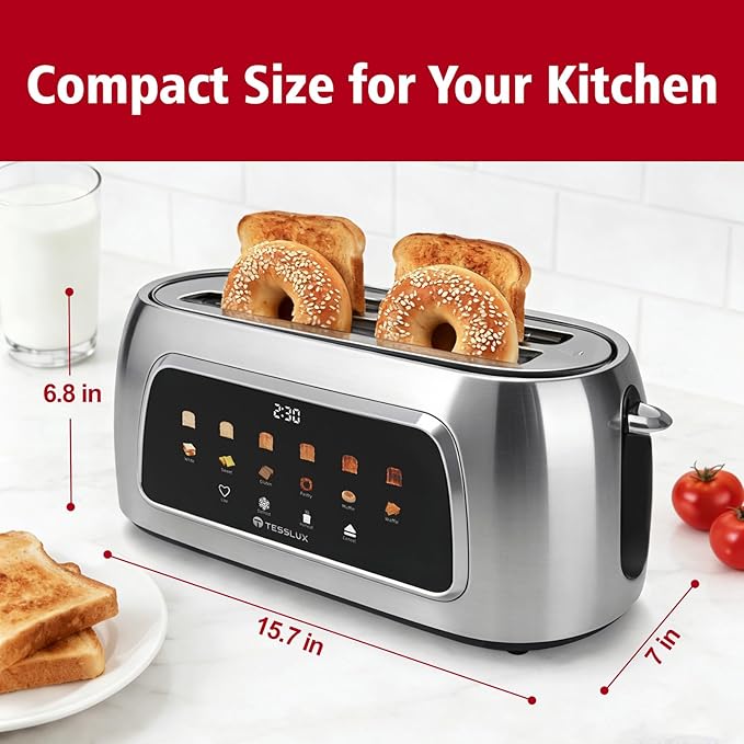4 Slice Toaster with Touch Screen Control, 1.5" Wide Long Slots, 6 Browning Levels & 6 Bread Types, Digital Timer, Memory, Defrost, Reheat (SILVERY)