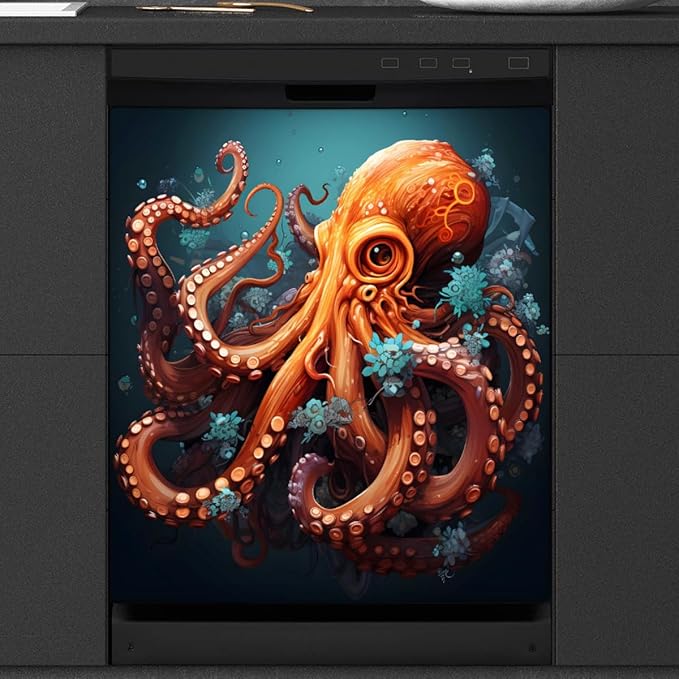 Dishwasher Magnet Cover Ocean Sea Octopus Reusable Dishwasher Magnetic Cover Sticker Decorative Dish Washer Door Cover Panel for Home Kitcen Appliance