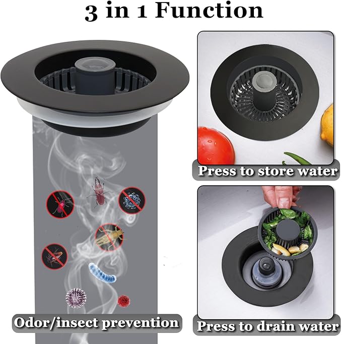 3 in 1 Kitchen Sink Stopper, Pop Up Kitchen Sink Drain Strainer, with an Extra Basket Strainer, Kitchen Sink Drain Stopper for US Standard 3-1/2 Inch, Brass Material Electroplate Black