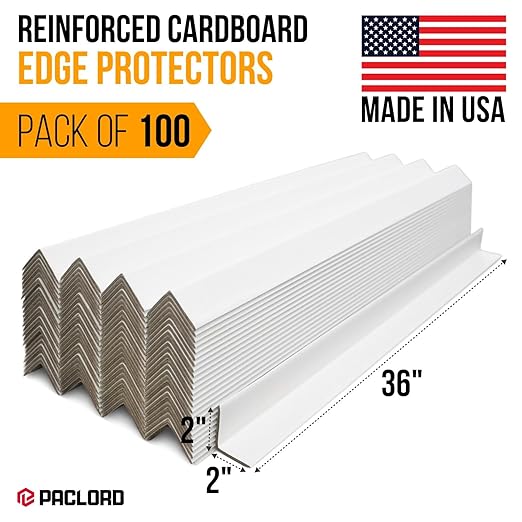 36" x 2" x 2" Reinforced Cardboard Edge Protectors, White (Pack of 100) – 0.16" Thick Heavy-Duty Cardboard Corner Protectors for Shipping – American Quality V-Board Pallet Edge Guard