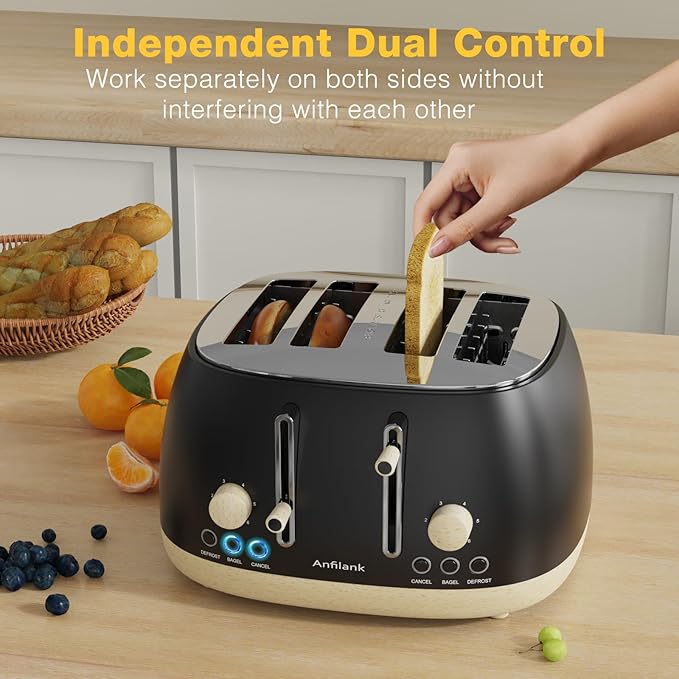 Toaster 4 Slice,Retro Stainless Steel Toaster with Extra Wide Slots, Dual Independent Control Panel, Cancel, Bagel, Defrost Function, Removable Crumb Tray, Matt Black