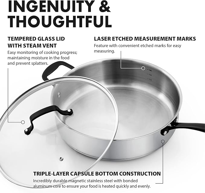 GrandTies Tri-Ply Stainless Steel Saute pan Induction Cookware – 5 QT 12 Inch Capsule Bottom Stainless Steel Pan, Marquina Black Metal Handle Kitchen Cooking Pan with Lid, Dishwasher Safe Pot