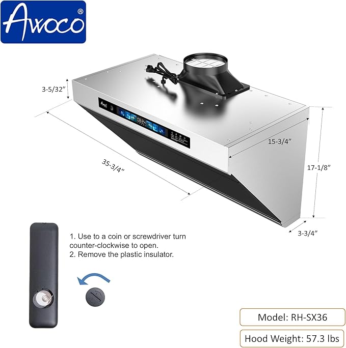 Awoco 36" Under Cabinet Range Hood, Side-Draft Design, 4 Speeds Exhaust Fan with 800 CFM, Voice, Gesture, Touch & Remote Control, 6" Vent, Dimmable LED Light Bars