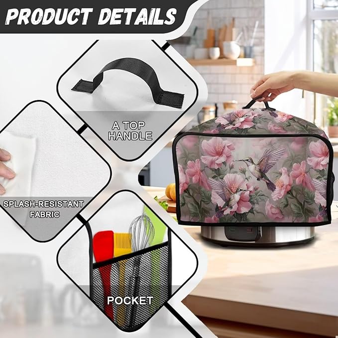 Hummingbird Slow Cooker Cover - Beautiful Pink Flowers Dust Cover, Measuring 17" x 10.8" x 9.8"